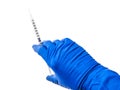 Doctor`s hand in blue medical glove holding open syringe with medical solution isolated white background. Flu vaccine Royalty Free Stock Photo