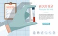 Doctor`s hand holding blood sample. Template with icons and text Royalty Free Stock Photo