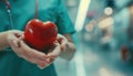 Doctor's hand holding a red heart shape in a hospital. love, donor, world heart day by AI generated image Royalty Free Stock Photo