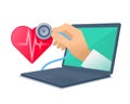 Doctor`s hand holding stethoscope through the laptop screen chec Royalty Free Stock Photo