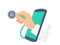 Doctor`s hand holding stethoscope through the phone screen check