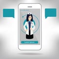 Doctor`s hand holding a stethoscope through the phone screen checking pulse. Tele, online, remote medicine flat concept illustrat Royalty Free Stock Photo