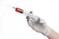 Doctor's hand holding a syringe, white gloved hand, a large syringe, the doctor makes an injection, white background