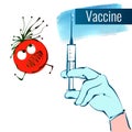 The doctor's hand holds the syringe with the vaccine. The virus escapes