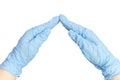 The doctor`s hands in blue gloves in the form of a roof over the Royalty Free Stock Photo