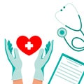 Doctor`s hands and heart, stethoscope and tablet