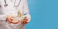 Doctor`s hands are holding shopping cart with various pills and tablets Royalty Free Stock Photo