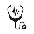 Doctor's Instrument Pulse Examination Glyph Pictogram. Medical Tool for Heart Illness Diagnosis Icon. Stethoscope