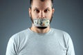 The doctor`s mouth is sealed with dollars, money. The concept of buying silence, corruption, lobbyists for money, health insuranc Royalty Free Stock Photo