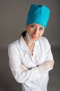 Doctor`s portrait. The woman the doctor in good mood. We wish a good health Royalty Free Stock Photo