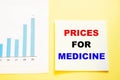 PRICES FOR MEDICINE. Doctor`s prescription for medication on a yellow background. The chart shows the high cost of the drug Royalty Free Stock Photo