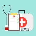 Doctor`s set, medical kit. Glasses, stethoscope, packing of tablets