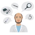 Doctor s tools cartoon vector illustration. Medical equipment syringe, blood pressure meter, microscope and thermometer