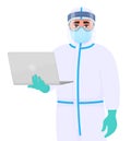 Doctor in safety protection suit, medical mask, glasses and face shield holding laptop computer. Physician or surgeon wearing
