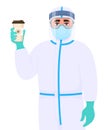 Doctor in safety protection suit uniform, mask, glasses and face shield showing coffee cup. Person holding paper mug. Surgeon