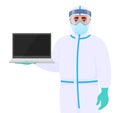 Doctor in safety protection suit uniform, mask, glasses and face shield showing laptop computer. Physician or surgeon holding PC