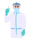 Doctor in safety protective suit and holding medical syringe needle. Surgeon showing injection medicine. Physician wearing Royalty Free Stock Photo