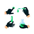 Doctor or scientist hands in latex gloves. Nuclear energy. Hands in protective gloves holding hazardous substances