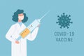 Doctor or scientist in protective face mask hold syringe, and invent vaccine against Coronavirus vector flat