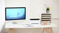 Doctor or scientist office desk with computer, file storage, test tubes, clipboard and printer Royalty Free Stock Photo