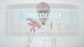 Doctor scrolls to ONCOLOGY tab on a modern touchscreen display