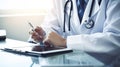 A doctor seated by window, focused on writing notes on clipboard analyzing patients medical data.