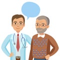 Doctor and senior patient. Man talking to physician. Vector