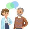 Doctor and senior patient. Man talking to physician. Vector