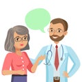 Doctor and senior patient. Woman talking to physician. Vector