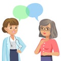 Doctor and senior patient. Woman talking to physician. Vector