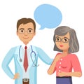 Doctor and senior patient. Woman talking to physician. Vector