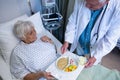 Doctor serving breakfast and medicine to senior patient