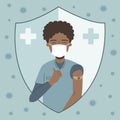 African American nurse in face mask raising thumbs up and shows his bandaged shoulder after getting a vaccine of flu or covid-19.