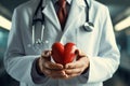 Doctor showcases heart symbol with stethoscope against a hospital setting backdrop