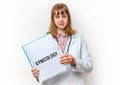 Doctor showing clipboard with written text: Gynecology