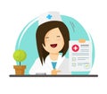 Doctor showing good diagnosis results, flat cartoon happy woman medic or physician with paper document form, approved