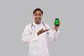 Doctor Showing Phone Smilling. Indian Man Doctor Technology Medicine at Home. Phone Green Screen Close Up 