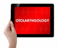 Doctor showing tablet with OTOLARYNGOLOGY text.