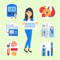 Doctor shows diabetes vector illustration in cartoon style. Diabetic treatment, sugar control, prevention and diagnostic