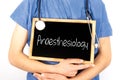 Doctor shows information on blackboard: anaesthesiology. Medical concept