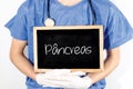 Doctor shows information on blackboard: pankreas in portuguese. Medical concept