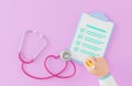 Doctor signing health checklist, medical check up report, annual health check concept, stethoscope on pink background Royalty Free Stock Photo