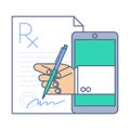 Doctor signing a prescription rx blank by phone. Online medicine