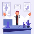 Doctor sitting at the table in hospital, infirmary, clinic vector