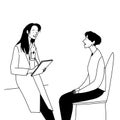Doctor speaks with patient, line flat minimalistic illustration