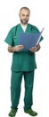 Doctor standing with green uniform reads the clipboard on a blue folder Royalty Free Stock Photo