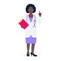 Doctor standing and hold clipboard and stethoscope with index finger