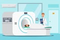 doctor standing and man lying down for x-ray with MRI scanner machine Royalty Free Stock Photo