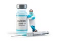 Doctor Standing near Bottle of Vaccine Covid-19 Coronavirus and Syring isolated on White Background 3D illustration. Royalty Free Stock Photo