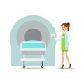Doctor Standing Next To MRI Magnetic Resonance Machine, Hospital And Healthcare Illustration Royalty Free Stock Photo